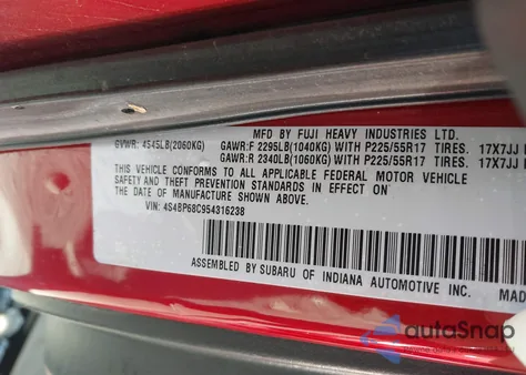 2005 Subaru Outback 2.5Xt from USA, damaged, VIN 4S4BP68C954316238